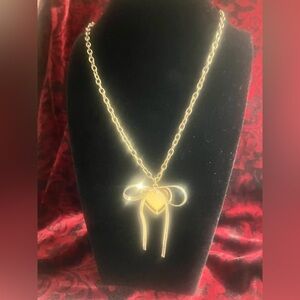 Upcycled Handcrafted Elegant Gold Bow Heart Pendant Necklace 24”